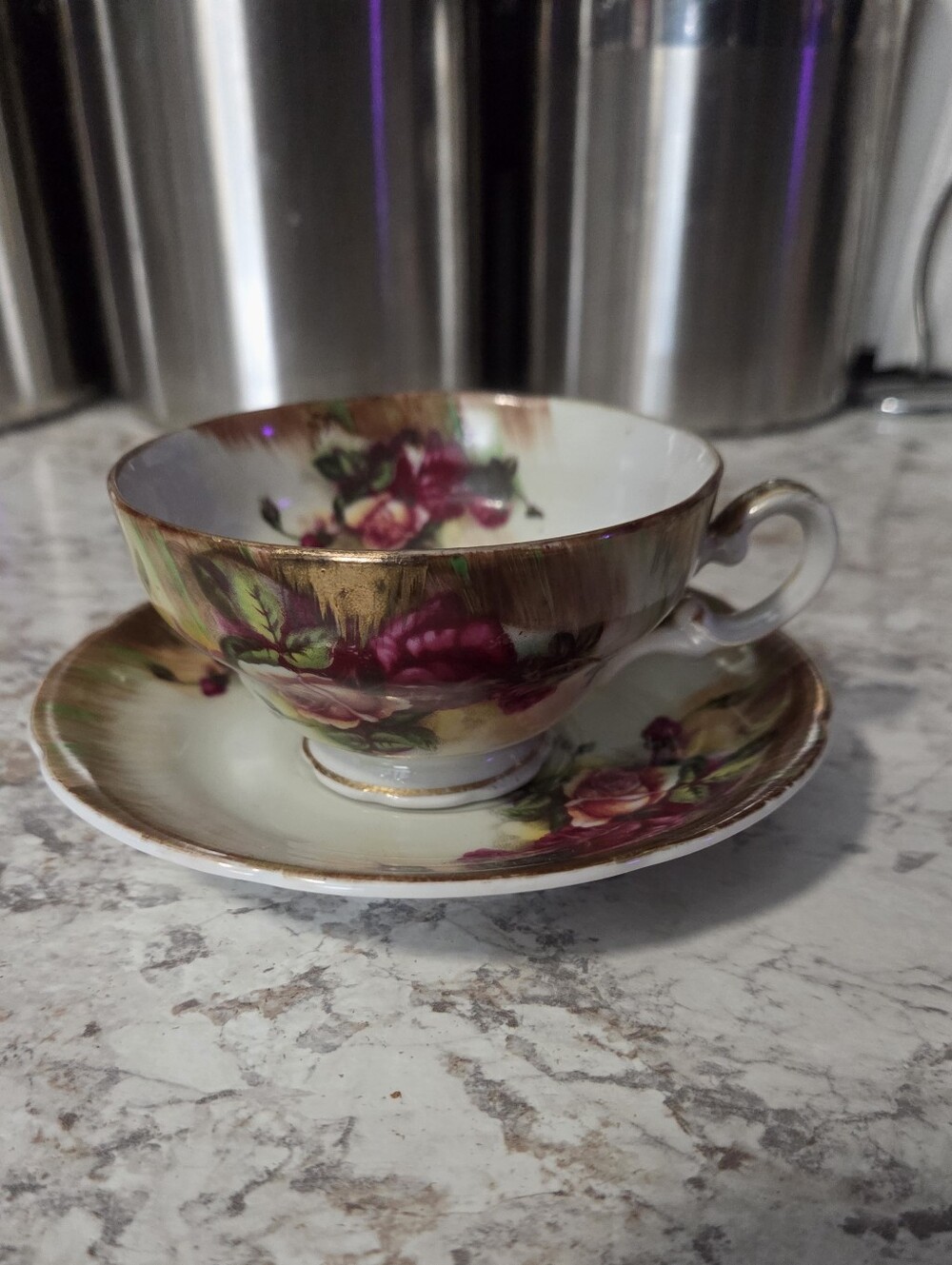 Vintage Napco China Floral Gold-Trim Teacup and Saucer Set Pink Rose Sd122